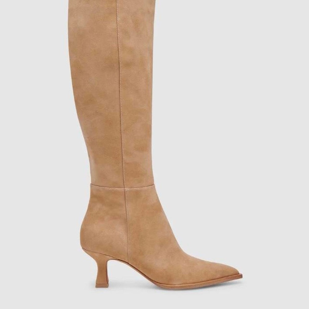 Dolce Vita Auggie wide calf camel tan suede knee-high heeled boots